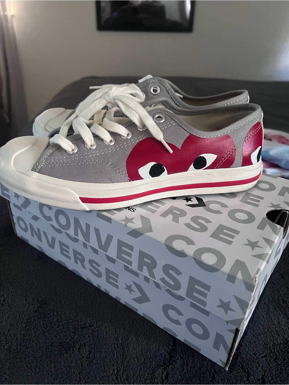 Comme des Garçons PLAY x Converse Gray Canvas Sneakers with Pink Heart Motif